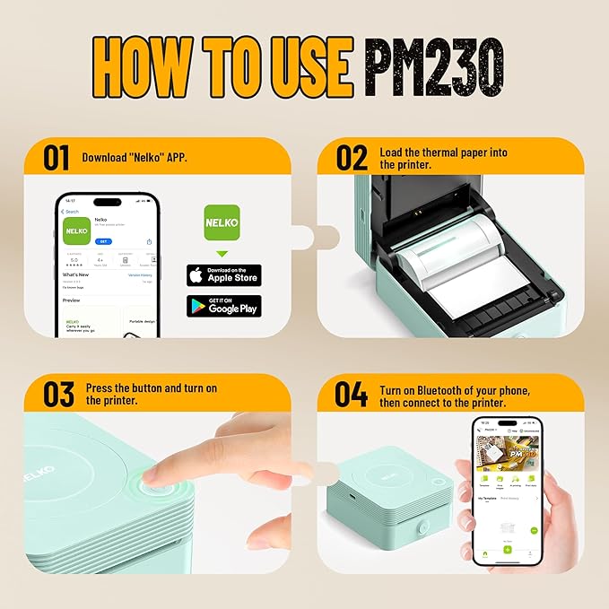Nelko Sticker Printer, PM230 Print Pod Mini Bluetooth Portabel Sticker Maker with 3 Rolls Paper, Print Pods Mini Printer with Multiple Templates for Phone & Tablet，for School Office Home, Green