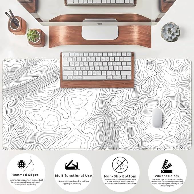 Desk Mat Large Gaming White Mouse Pad Minimalist Topographic Map Desk Mat Extended XL Mousepad 31.5x15.7 in Anti-Slip Desk Pad Keyboard Mousepad Stitched Edges Large Mouse Pad Grey