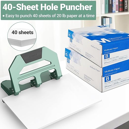 AFMAT HPX2 Heavy Duty 3 Hole Puncher, 40-Sheet Three Hole Punch Heavy Duty, 50% Reduced Effort Paper Punch, 10K+ Uses, Metal Hole Puncher 3 Ring w/Large Tray, Bulit-in S.S. Paper Guide, Green