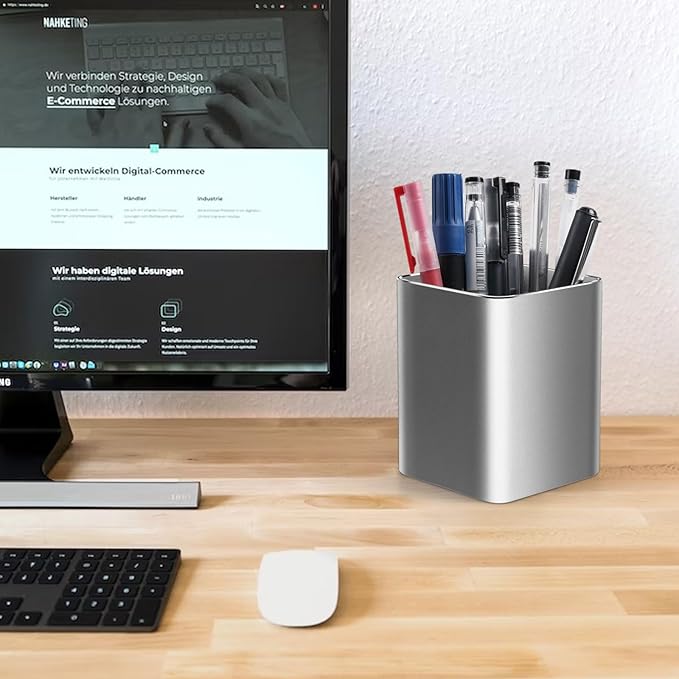 RQB Metal Pen Holder for Desk Square Aluminum Desktop Organizer and Makeup Brush Holder Storage Box for Office, School, Home, and Kids, Non-slip silicone 4×3.15inch-Gray
