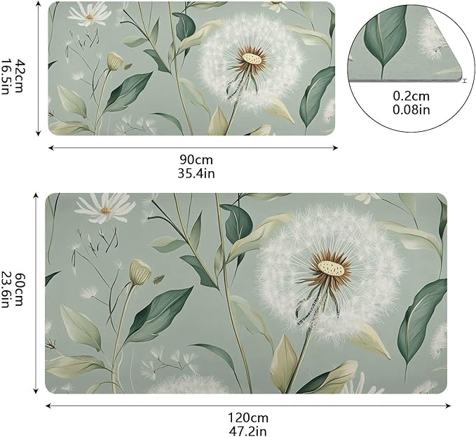 Mouse Pad Desk Mat Leather Desk Pad Large Gaming Desk Cover Protector Mat for Keyboard Computer Laptop Office Waterproof 47.2 x 23.6 Inch Sage Green Dandelion