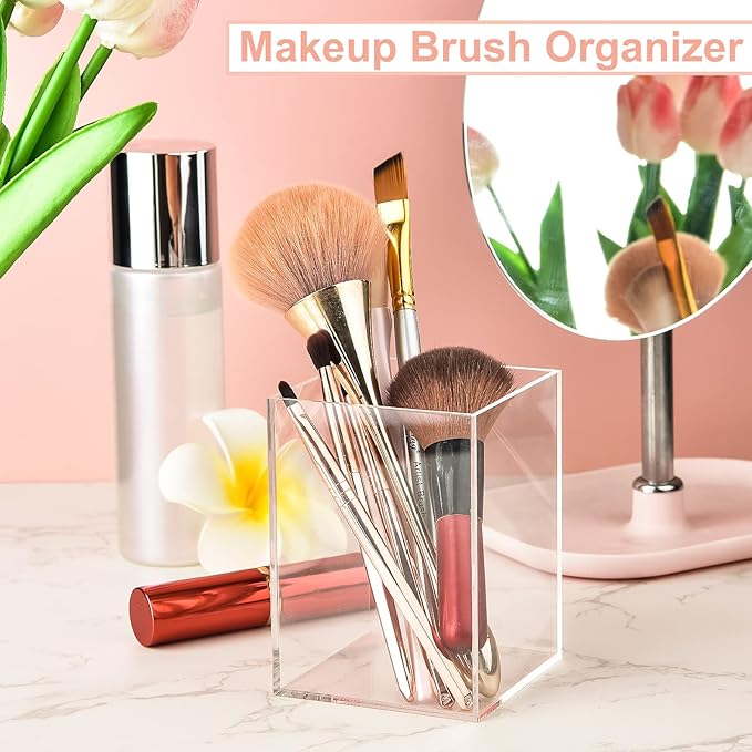 4-Piece Clear Acrylic Pen Holder & Pencil Cup - Makeup Brush Holder - Desktop Stationery Organizer for Office, School, Home - 4 Pack, Square