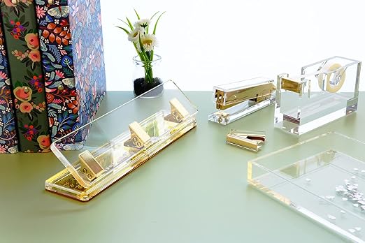 Acrylic and Gold Standard 3 Hole Punch,10 Sheet Capacity, Desktop Hole Puncher 3 Ring, Office Desktop Accessory,Clear/Gold