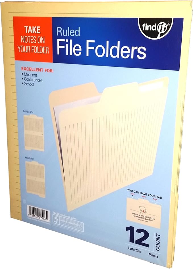 Find It File Folders - Pack of 12 Tabbed, Letter Size, Double-Sided, Ruled Filing Folders for Office, School, Note-Taking and Organization, Back to School Supplies for College Students - Manila