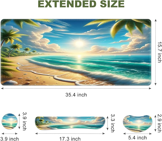 Large Mouse Pad and Keyboard Wrist Rest, Extended Mouse Pad with Wrist Support Ergonomic, Non-Slip Desk Mat, Desk Protector Blotter for Home Office, Sunny Beach