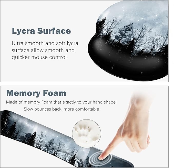 ARTSO Large Mouse Pad Ergonomic Keyboard Wrist Rest Support, Memory Foam Extended Desk Mat Protector, Non-Slip Desk Blotter for Office, Home, Night Moon Forest