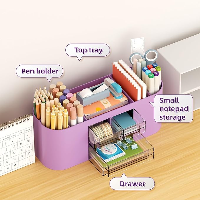 Marbrasse Pen Holder for Desk with 3 Drawers, Multi-Functional Pencil Holder, Desk Organizers and Accessories with 7 Compartments for Home, School, Classroom (Purple)
