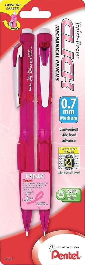 Pentel PD277TBP2PBC Pink Ribbon Twist-Erase CLICK Mechanical Pencil, 0.7 mm, 2/Pack