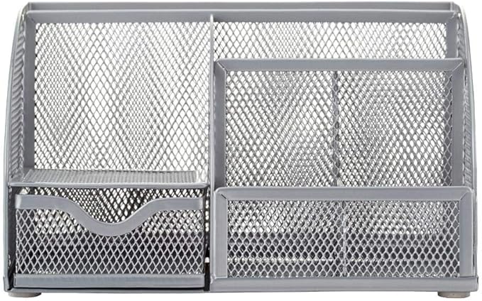Annova Mesh Desk Organizer Office with 7 Compartments + Drawer/Desk Tidy Candy/Pen Holder/Multifunctional Organizer (Silver)