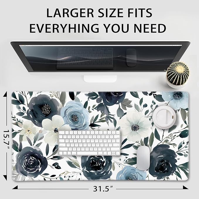 Large Gaming Mouse Pad 31.5x15.7 Inch, XXL Mousepad with Non-Slip Rubber Base & Stitched Edges, Extended Desk Mat for Computer/Laptop/Office/Home Navy Blue and White Watercolor Floral