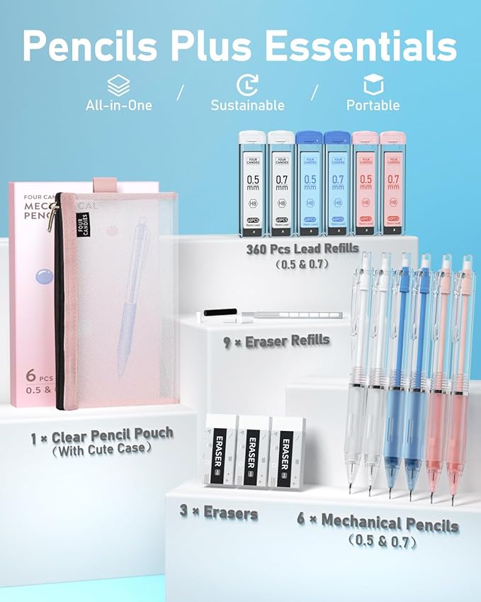 Four Candies Mechanical Pencil Set with Case, 6PCS Aesthetic Mechanical Pencils 0.5 & 0.7mm with 360PCS HB Lead Refills, 12PCS Erasers, Cute Mechanical Pencils for Writing, Drawing and Sketching