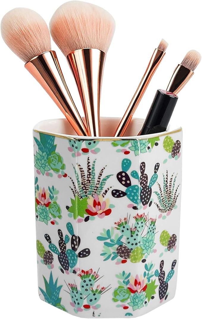 Pen Holder, Makeup Brush Holder Ceramic Shiny Gold Tropical Cactus Floral Succulents Pattern Plants Pencil Cup for Girls Kids Women Durable Stand Desk Organizer Gift for Office, Classroom, Home