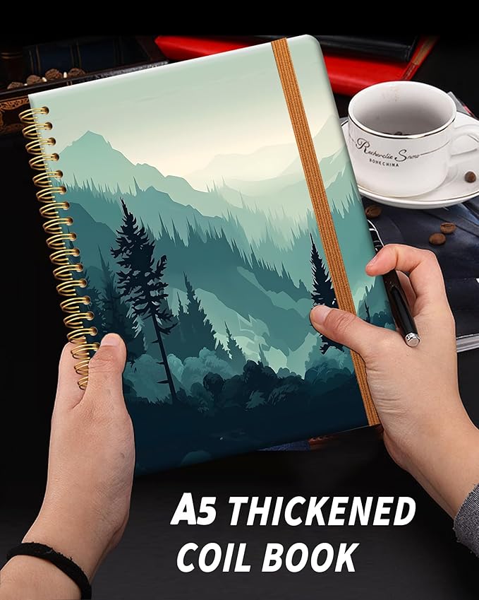 Ruled Spiral Writing Notebook,A5 Hardcover Lined College Journal for Women Lady Girl,Strong Twin-Wire Binding with Premium Paper,8.4" X 6",Perfect for School,Office,Home Gifts(green mountain forest)