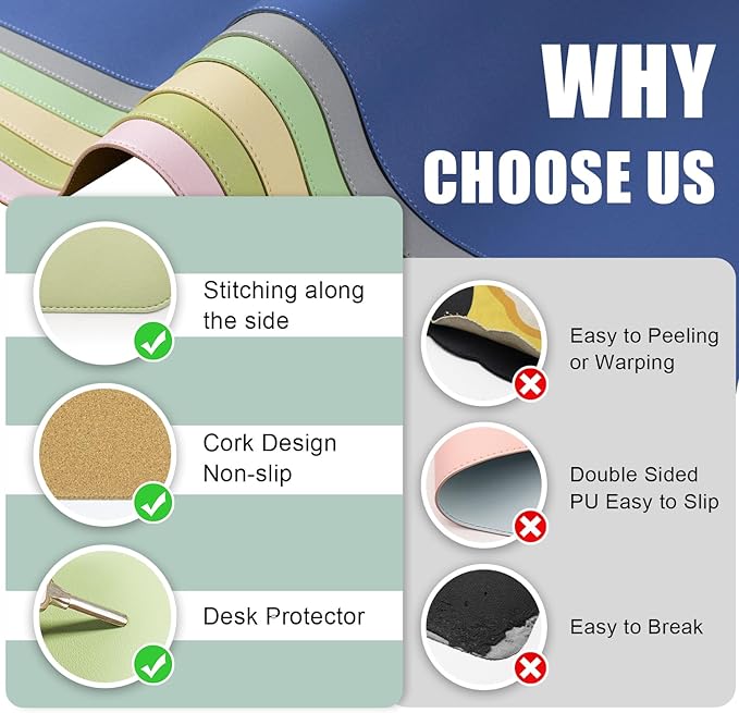 Large Desk Pad 35.4" x 17", Non-Slip Desk Mat with PU Leather & Natural Cork, Waterproof Writing Desk Natural Cork, Computer Mat Desk Protector for Office Home, Matcha