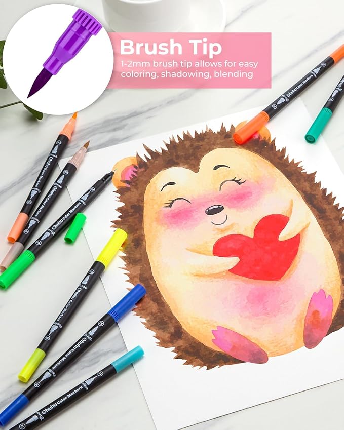 Ohuhu Markers for Adult Coloring Books No Bleeding 100 Colors Coloring Markers Water-based Dual Tips Fineliner & Brush Drawing Pens Art Pens for Kids Adults Sketch Journal - Maui - Black