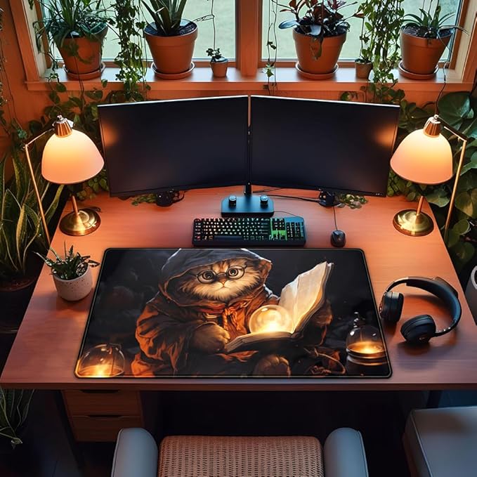 Magical Cat Desk Mouse Mat Black Vintage Desk Pad Playmat for MTG Large Mousepad Gaming Deskpad XXL Keyboard Mouse Pad Full Desktop Mat Desk Cover Mat for Work Office Home (31.5x15.7 in)