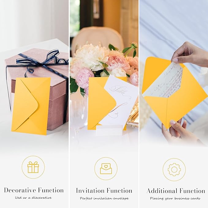 5x7 Gold Envelopes 100 Pack, Goefun A7 Yellow Shiny V Flap Envelopes for Invitation, 5x7 Greeting Cards, Graduation, Birthday, 5.25 x 7.25 in, 120GSM