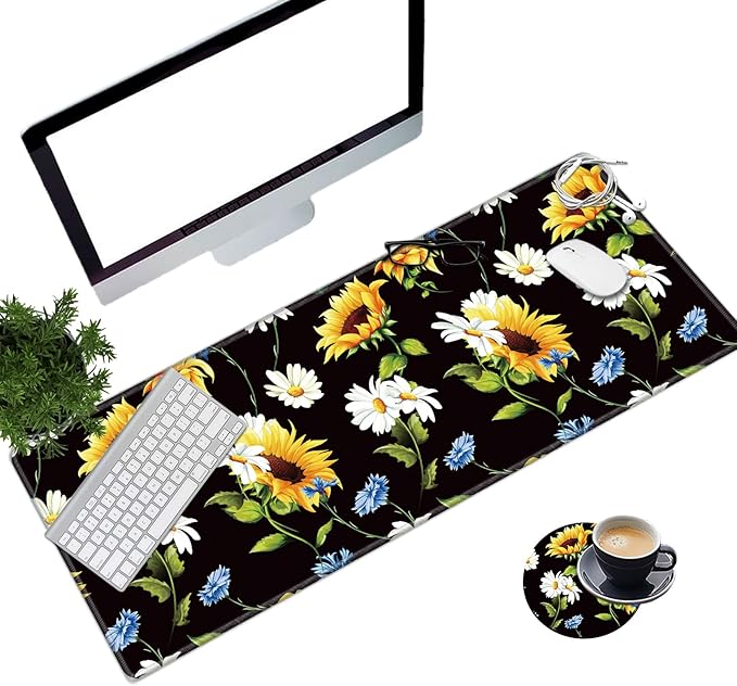 Large Gaming Mouse Pad with Stitched Edges, Desk Pad Protector, Computer Keyboard Mouse Mat Non-Slip Cute Desk Decor for Home/Office/Study Accessories+ Coaster, Sunflowers Daisy