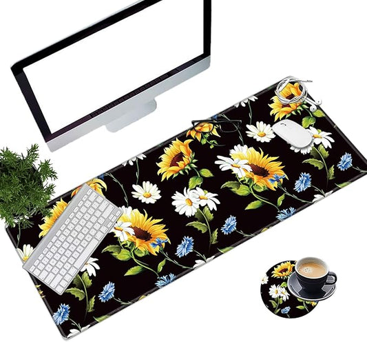 Large Gaming Mouse Pad with Stitched Edges, Desk Pad Protector, Computer Keyboard Mouse Mat Non-Slip Cute Desk Decor for Home/Office/Study Accessories+ Coaster, Sunflowers Daisy