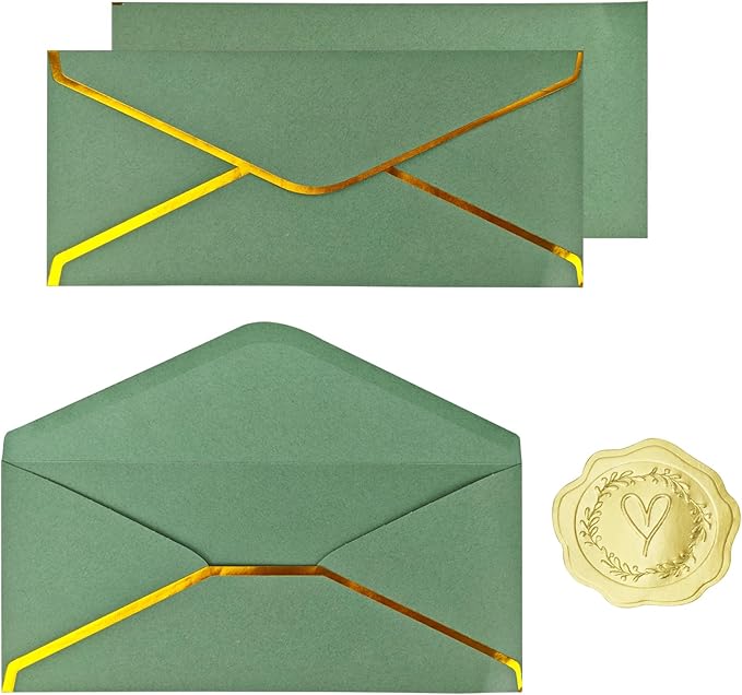 30 Pack #10 Business Envelopes with Gold Border and Stickers, 9.49x4.13 Inch Self Seal Standard Envelopes for Office, Letters, Checks, Invoices, Documents (Sage Green)