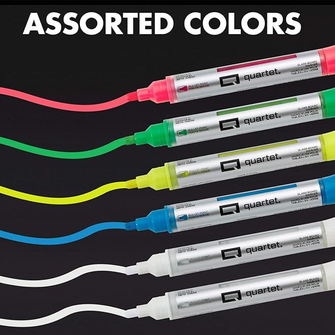 Quartet Glass Dry Erase Markers, Whiteboard Markers, Bullet Tip, White and Neon Colors, 6 Pack (79559Q)