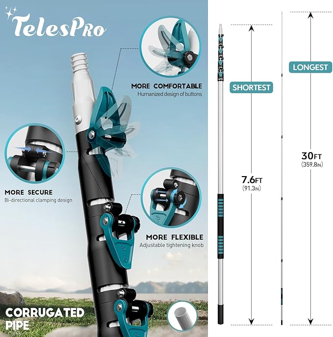 TelesPro 30 Foot High-Reach Duster Kit with 6-24FT Extendable Pole - High Ceiling Duster Cleaning Kit with Telescopic Pole,Cobweb Duster, Chenille Ceiling Fan Duster, Microfiber Feather Duster