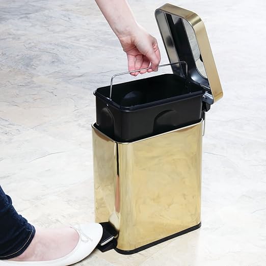 mDesign Metal Freestanding Slim Toilet Bowl Brush and Holder + Rectangle Narrow 5 Liter / 1.3 Gallon Step Pedal Trash Can Wastebasket for Bathroom - Small, Compact Design - Set of 2 - Soft Brass