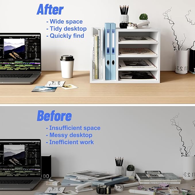 Wood Desk Organizer File Holder, Wooden Mail Organizer Countertop with Adjustable Compartments, Desktop File Organizer Paper Sorter for Home, Office and School, Envelope Organizer, White