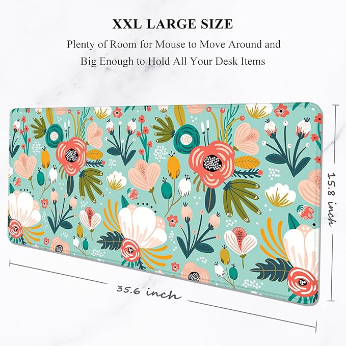 Auhoahsil Large Mouse Pad, XXL Gaming Mousepad, Desk Mat for Desktop, Thick Rubber, Big & Long Size, Stitched Edges, Full Desk Pad for Laptop & Computer, Extended 35.4 x 15.7 in, Colorful Flowers