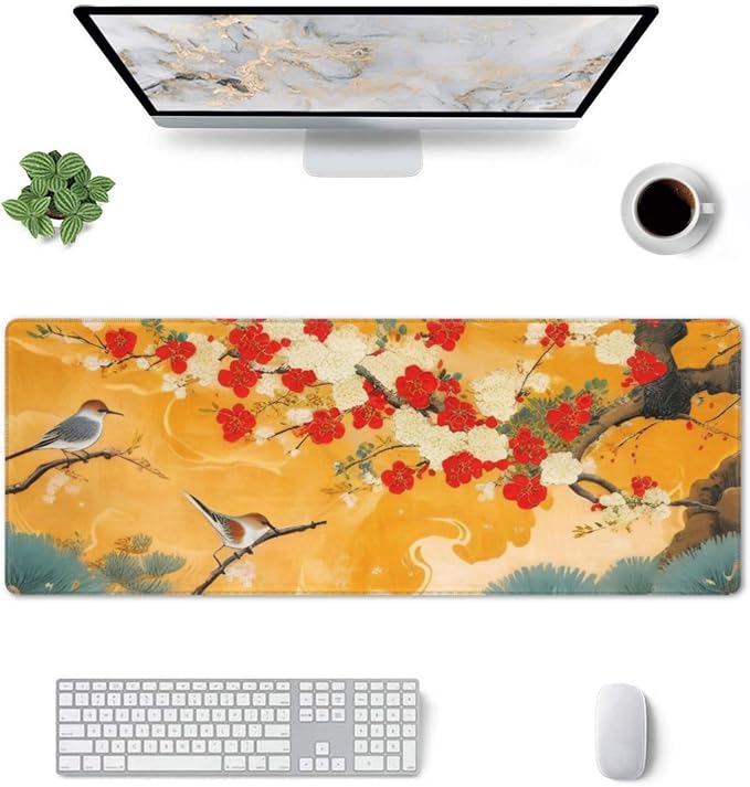 Gaming Mouse Pad, Large Non-Slip Rubber Base Mousepad, Keyboard Mouse Mat, Desk Pad with Stitched Edges, 31.5x11.8inch,Birds Tree