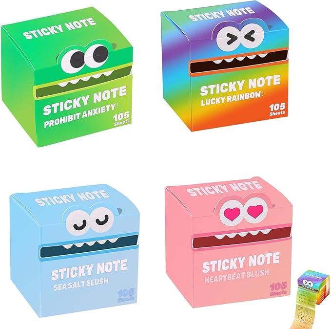 Cute Monster Pattern Sticky Note, 105 Sheets/Roll Fun Pastel Pull-Out Memo Pads, Cute Post it Notes, Easy Post Memo Pads, Funny Back to School Gift for Teachers & Students (4 Boxes)