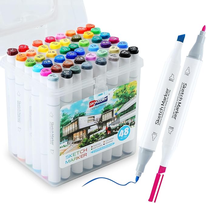 48 Colors Alcohol Markers, Dual Tip Art Markers with Brush Tip & Chisel Tips for Coloring, Illustrations, Drawing, Sketching Perfect for Adults