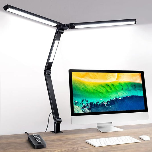 MediAcous LED Desk Lamp with Clamp, 20W 3 Lights Desk Light for Home Office, Flexible Swing Arm, Control Box, 4 Color Modes, 4 Brightness, Memory Function, Eye-Caring Clip on Lamp for Workbench