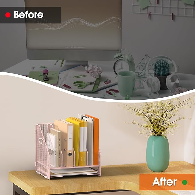 Desk File Folder Holder Organizer-4 Vertical Compartments Racks and Paper Letter Tray,Mesh Magazine File Holder Sorter,Desktop Accessories & Workspace Organizers for Home,Office,School-Pink