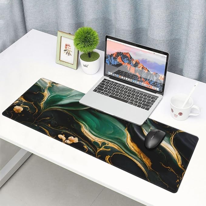 Desk Pad,Office Desk Mat 31.5"×11.8" Large Gaming Mouse Pad,Extended Computer Mouse Pad,Waterproof Thick Big Mouse Pads with Non-Slip Rubber Base Office Home Green Gold Marble Flower