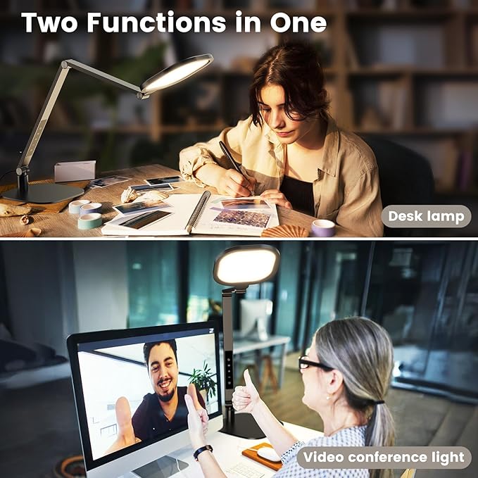 LED Desk Lamp for Home Office, 15W Desk Light with CRI >95, Memory & Timer Function, 1200LM Dimmable Computer Light for Video Calls, Conference, Reading, Study (Black-2packs)