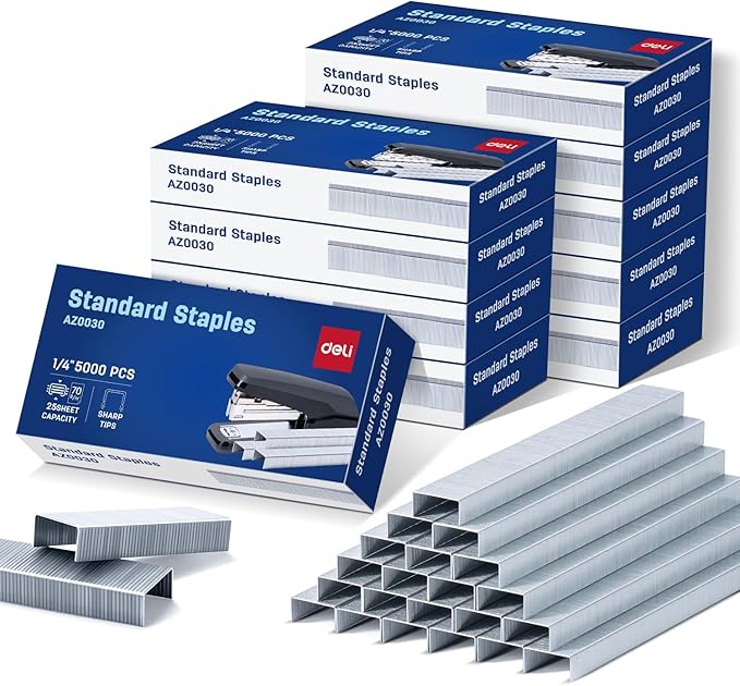 Deli Staples, 50000 Staples, Standard Staples for Desktop Staplers, 1/4'' Length, 210/Strip, 10 Boxes of 5000 Each