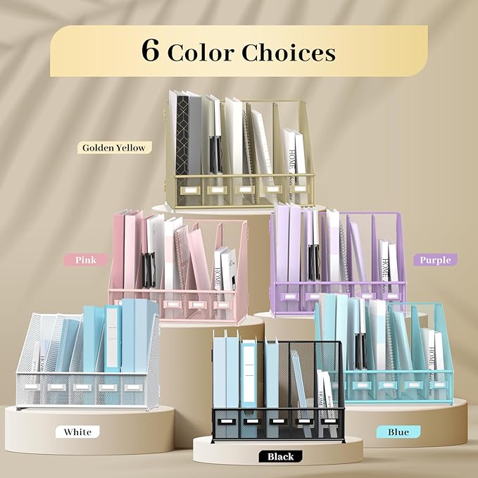 SUPEASY Desk Organizers Metal Desk Magazine File Holder with 5 Vertical Compartments Rack File Organizer for Office Desktop, Home Workspace, Golden Yellow