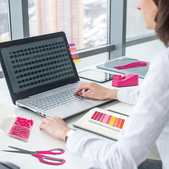 Hot Pink Desk Accessories Set - Stapler and Tape Dispenser Kit, Office Supplies Gift for Students, Women, Coworkers, Boss Lady, Office Clerks
