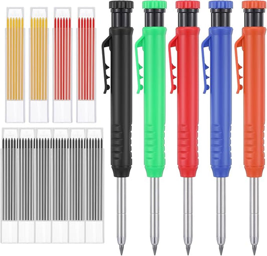 5 Pcs Carpenter Pencil, Woodworking Pencil, Construction Pencils Heavy Duty with 60 Pcs 2.8mm Refills & Built-in Sharpener, Long Nosed Deep Hole Mechanical Marker for Drafting Architect Woodwork