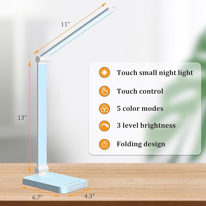 LED Desk Lamp with USB Ports,Touch Desk Lamps for Home Office with 5 Color Modes,3 Brightness Desk Light with Small Night Light,Reading Lamp Table Lamp for Bedroom Bedside Study Blue （with adapter）