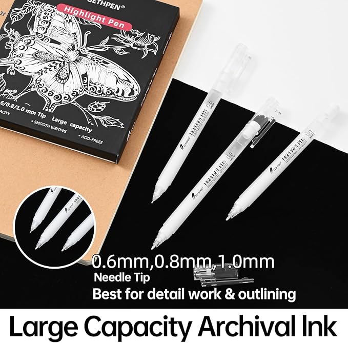 White Gel Pens - Fine, Medium & Bold Tip Ink Pens for Journaling, Art, or Drawing- For Holiday Gifts & DIY Projects - White Ink, Archival Ink Pens -0.6/0.8/1.0 Assorted Tip Sizes -9 Pack