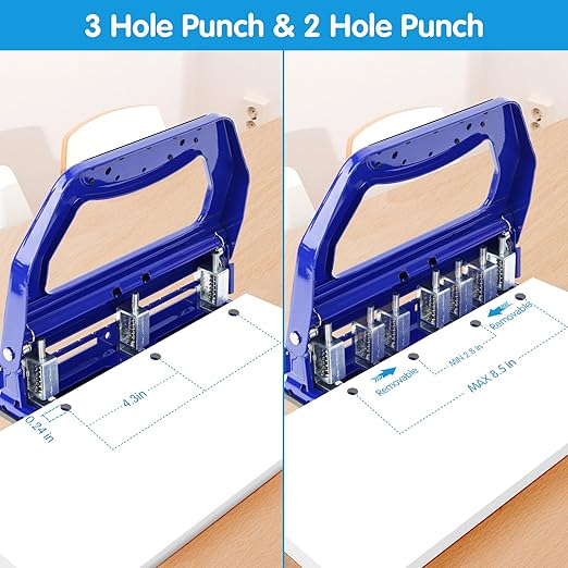AFMAT HP18 3 Hole Punch, Metal Heavy Duty Paper Punch with 50-Sheet Capacity and Removable Punch Heads for 2 Hole Punch Function, Large Chip Tray, Blue