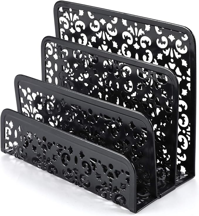 EasyPAG 5-Piece Desk Organizer Set with Carved Floral Design - No Assembly Stackable 2-Tier File Tray, Letter Sorter, Pen & Card Holders for Office/Home/Dorm, Black