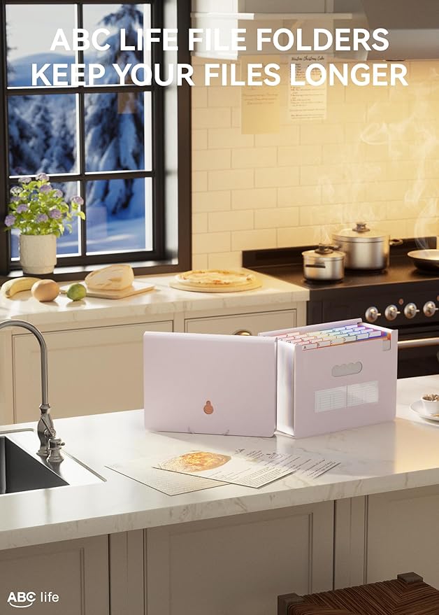 ABC life 26 Pockets Accordion File Organizer, Expanding File Folder, Portable Monthly Paper Bill Tax Receipt Organizer, Letter A4 Size Document Organizer with Blank Labels - Pinkish Purple