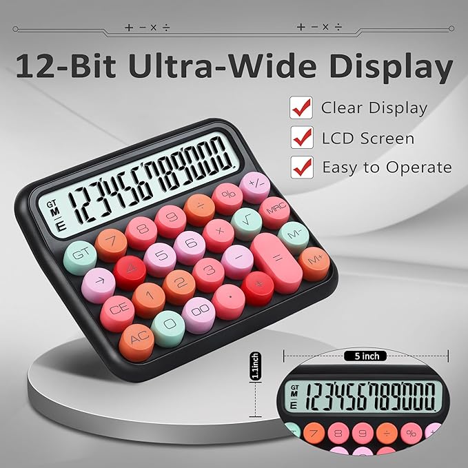 VEWINGL Mechanical Switch Calculator, 12 Digit Large LCD Display and Buttons, Great for Everyday Life and Basic Office Work, with Battery