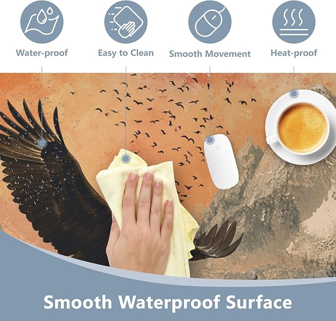 Mouse Pad Desk Mat Leather Desk Pad Large Gaming Desk Cover Protector Mat for Keyboard Computer Laptop Office Waterproof 35.4 x 16.5 Inch Bald Eagle Roses Mointains Orange