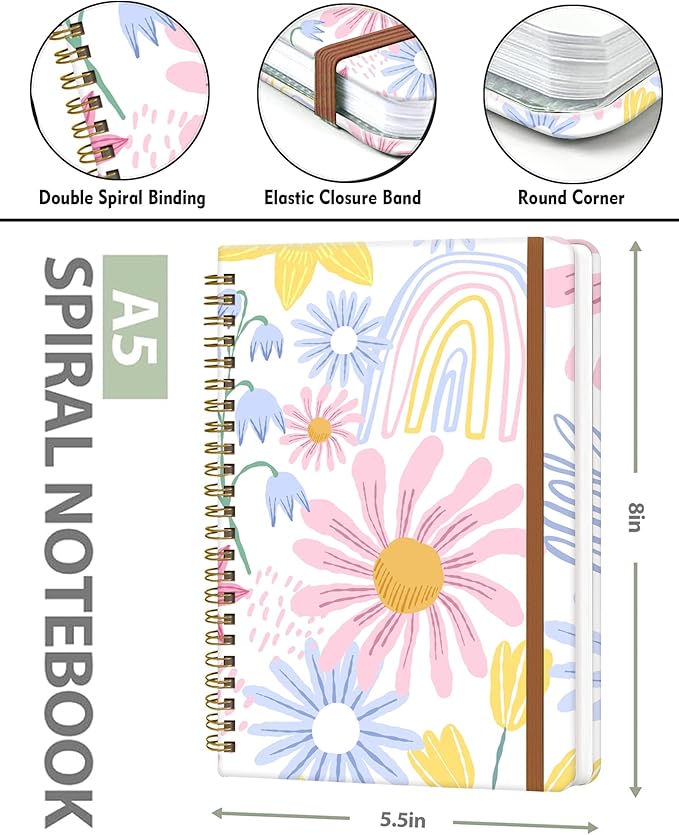 Spiral Journal Notebook for Women, Hardcover A5 College Ruled Notebook, 120 Pages, Thick Paper, Cute Lined Journal for School, Office & Work, 6 x 8.4 in(Spring Flower)