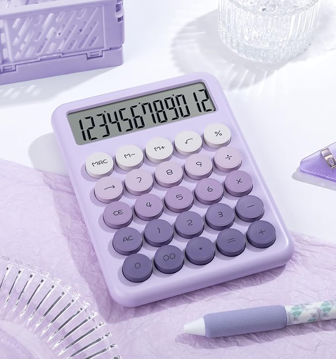 Desk Cute Purple Calculator with Big Buttons, Calculators Desktop, 12 Digit with Large LCD Display,Basic Standard Calculator,Mechanical Switch Aesthetic Calculators Office Supplies for Home and School