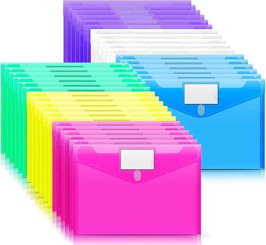 Sooez 36 Pack Plastic Envelopes Poly Envelopes, Clear Document Folders Plastic File Folders US Letter A4 Size File Folder with Label Pocket, Teacher School Office Supplies Organization, Assorted Color
